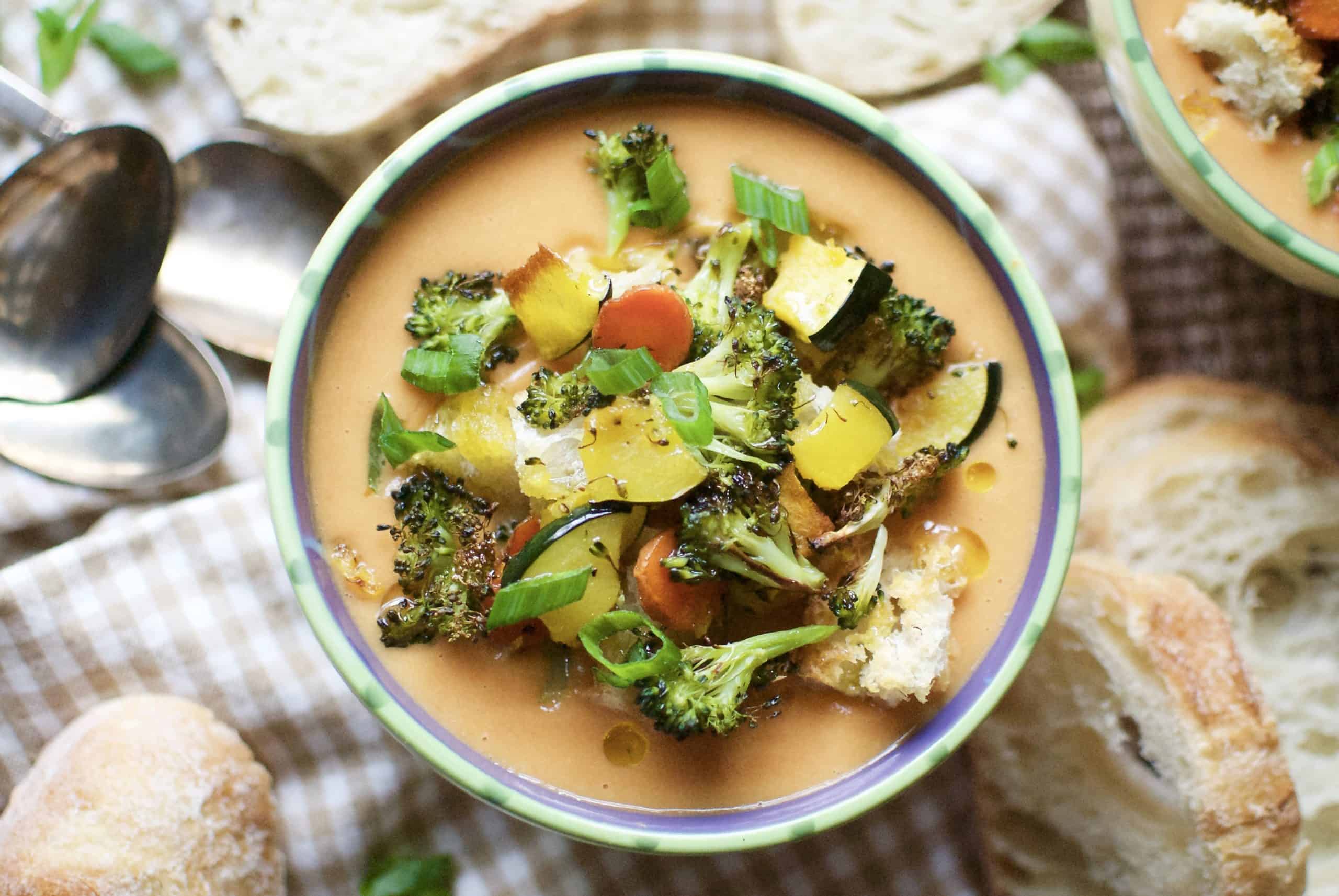 Carrot ginger soup with roasted veggies