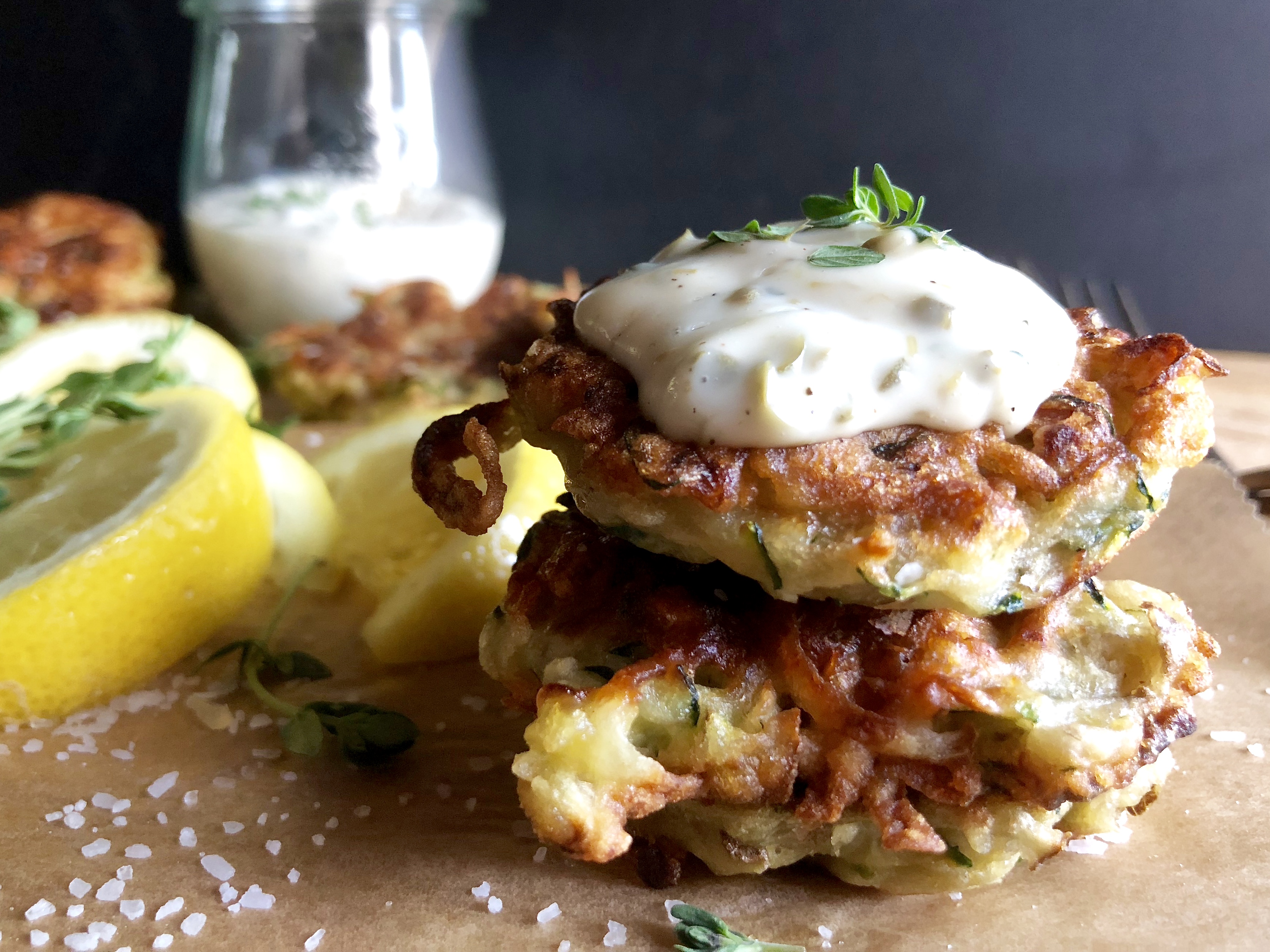 Zucchini fritters with lemon caper aioli