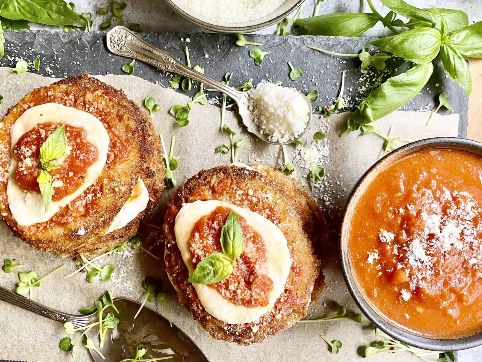 Fried eggplant & tomato stacks