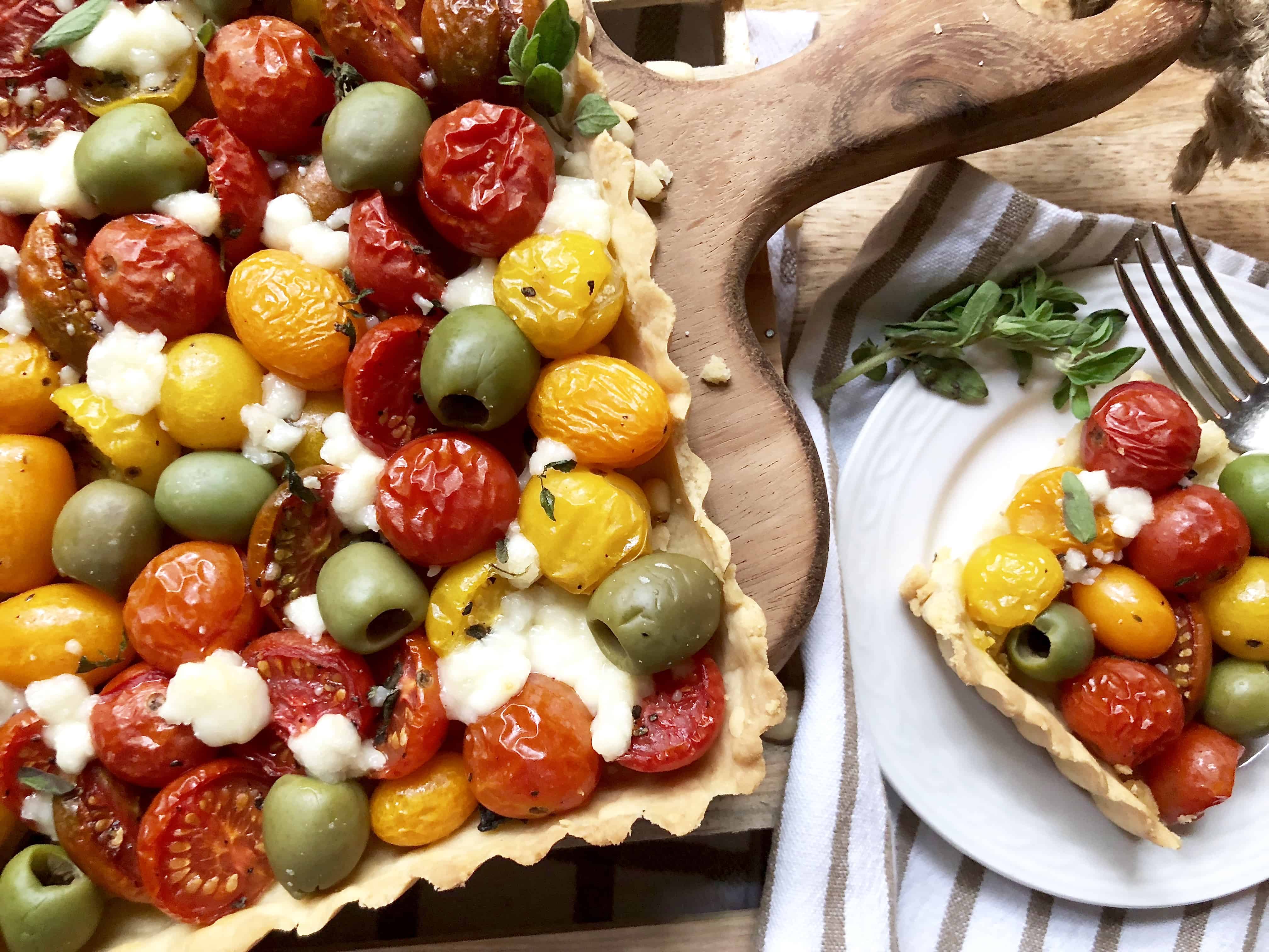 Cheesy tomato & olive tart