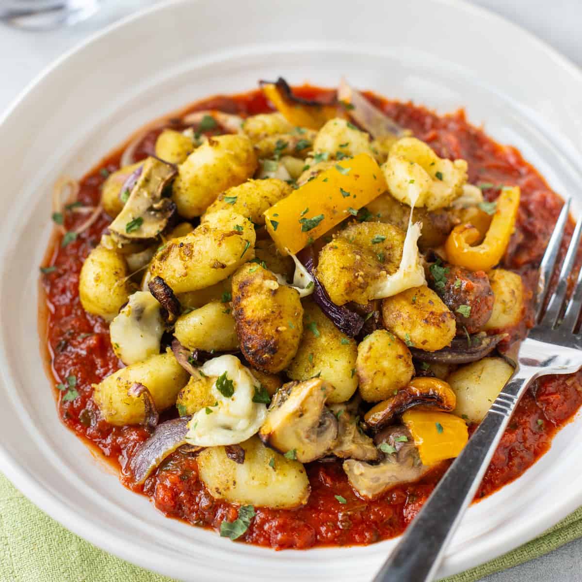 Air Fryer Gnocchi with Pesto and Mozzarella