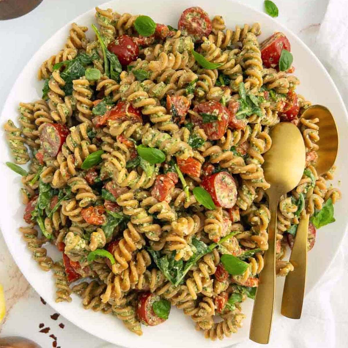 Creamy Pesto Red Lentil Pasta Salad