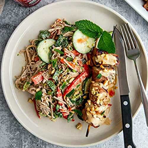 Juicy Marinated Pork Kebabs (with Peanut Noodle Salad)