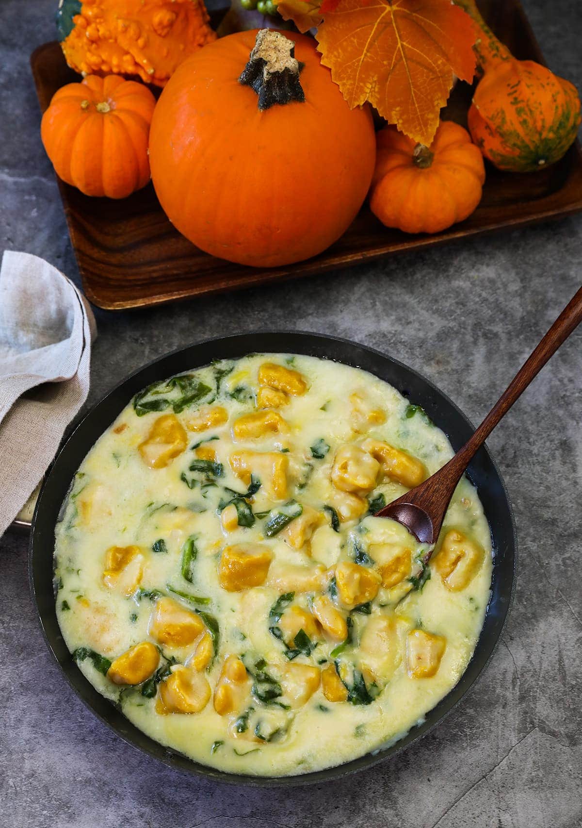 Vegan Pumpkin Gnocchi with Spinach Sauce