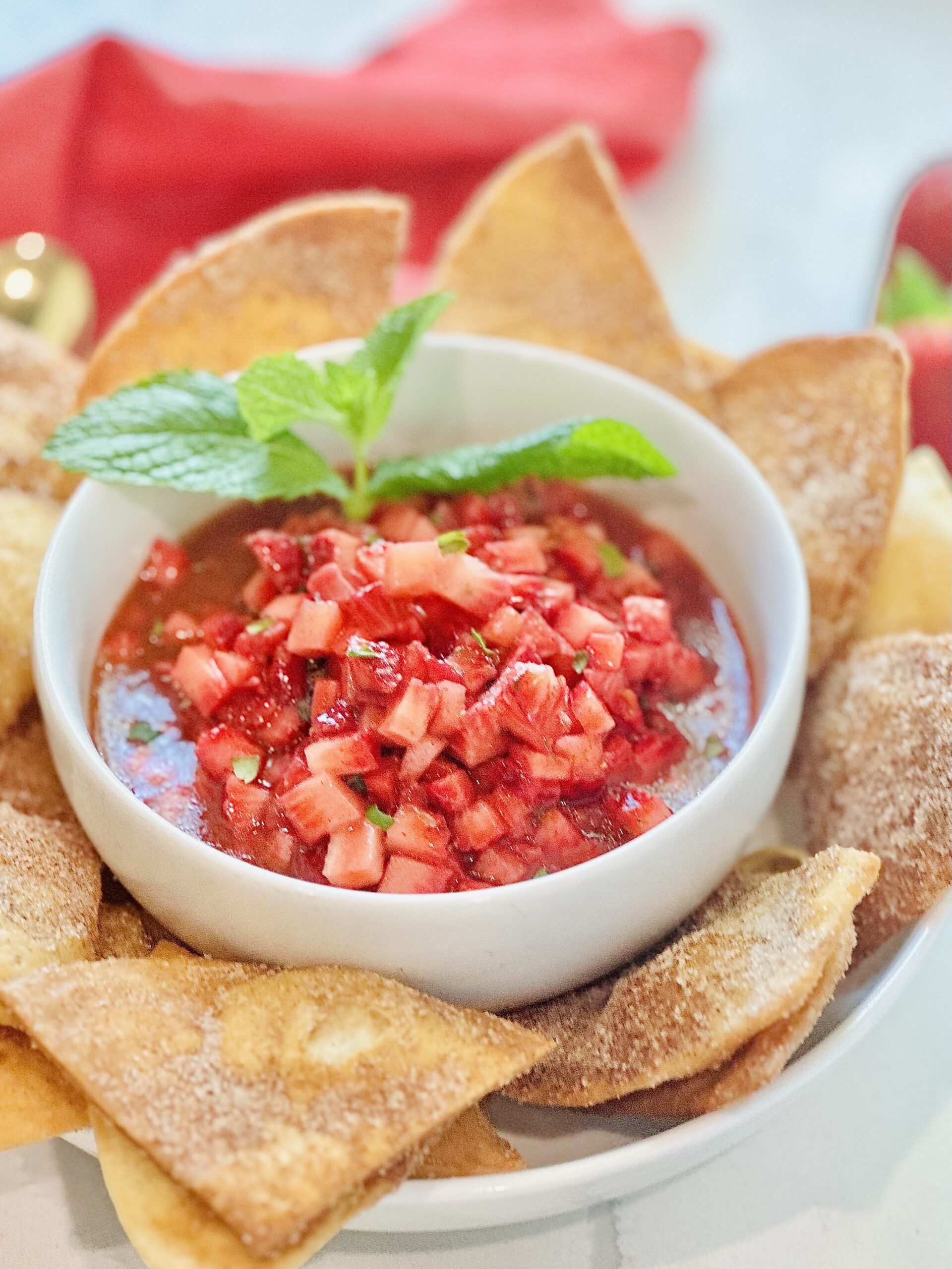 Strawberry Dessert Salsa with Cinnamon and Sugar Chips