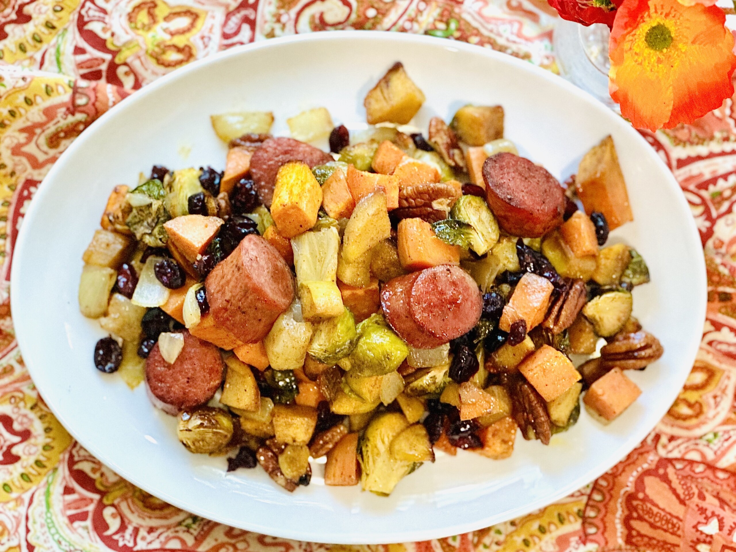 Sheet Pan Sausage, Sweet Potatoes, Apples and Brussels Sprouts