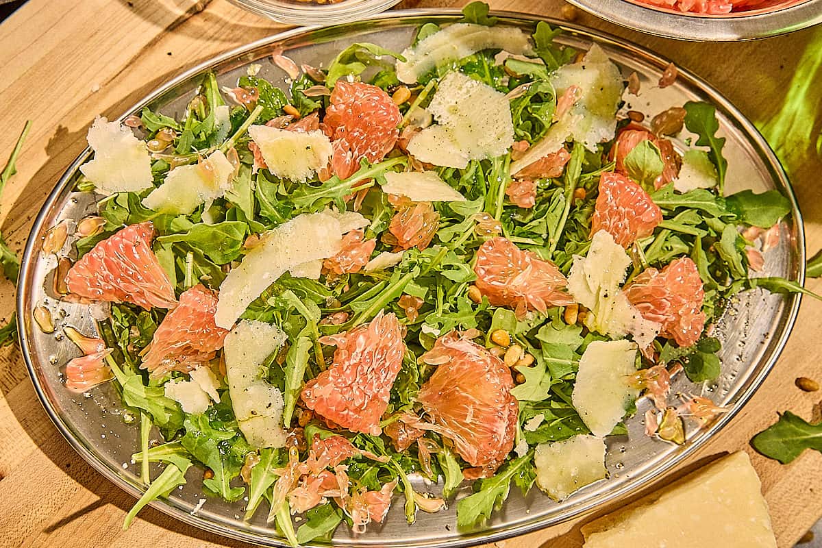 Arugula Salad with Pomelo, Pine Nuts and Parmesan