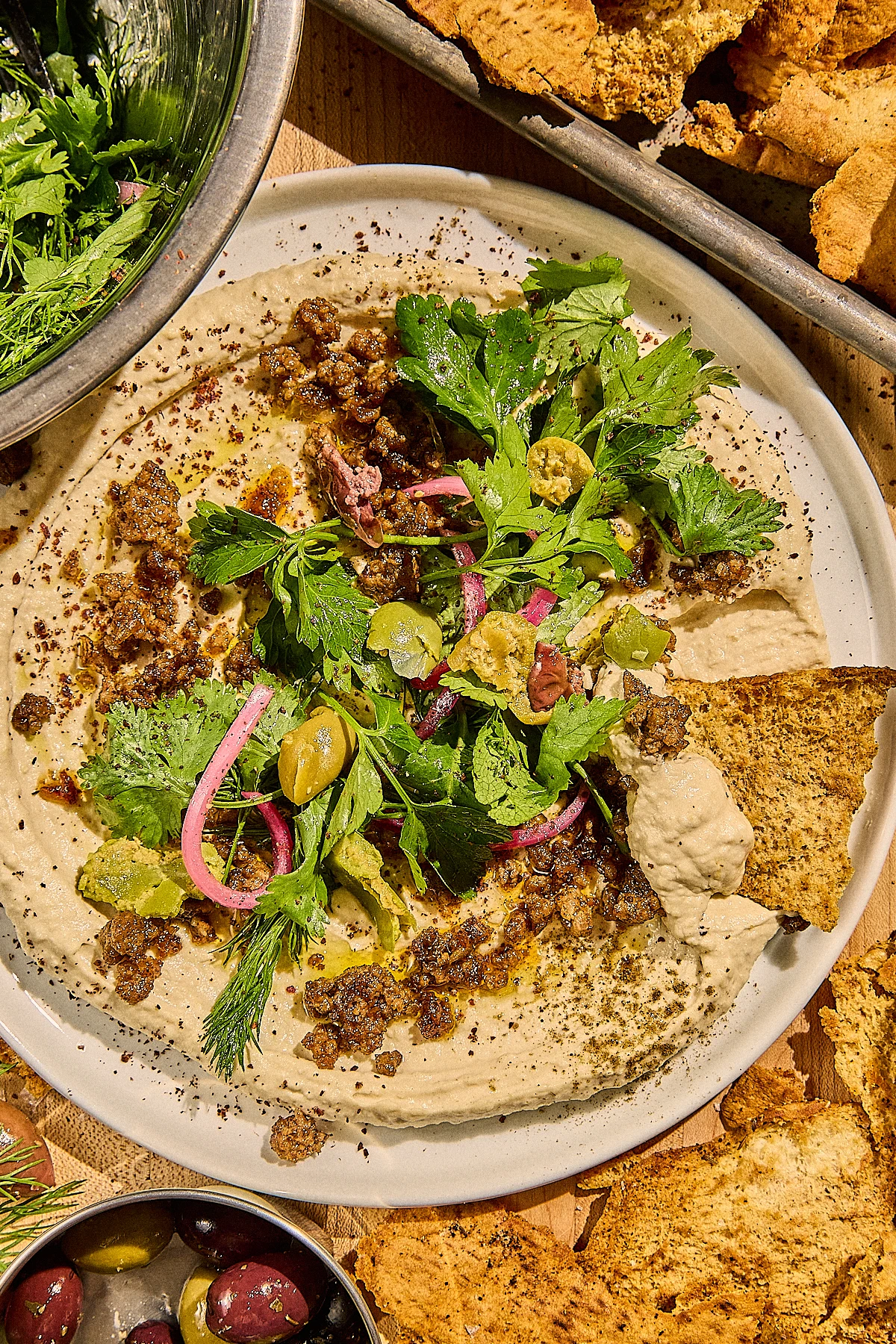 Hummus Bowl with Spiced Ground Beef and Herb Salad Recipe