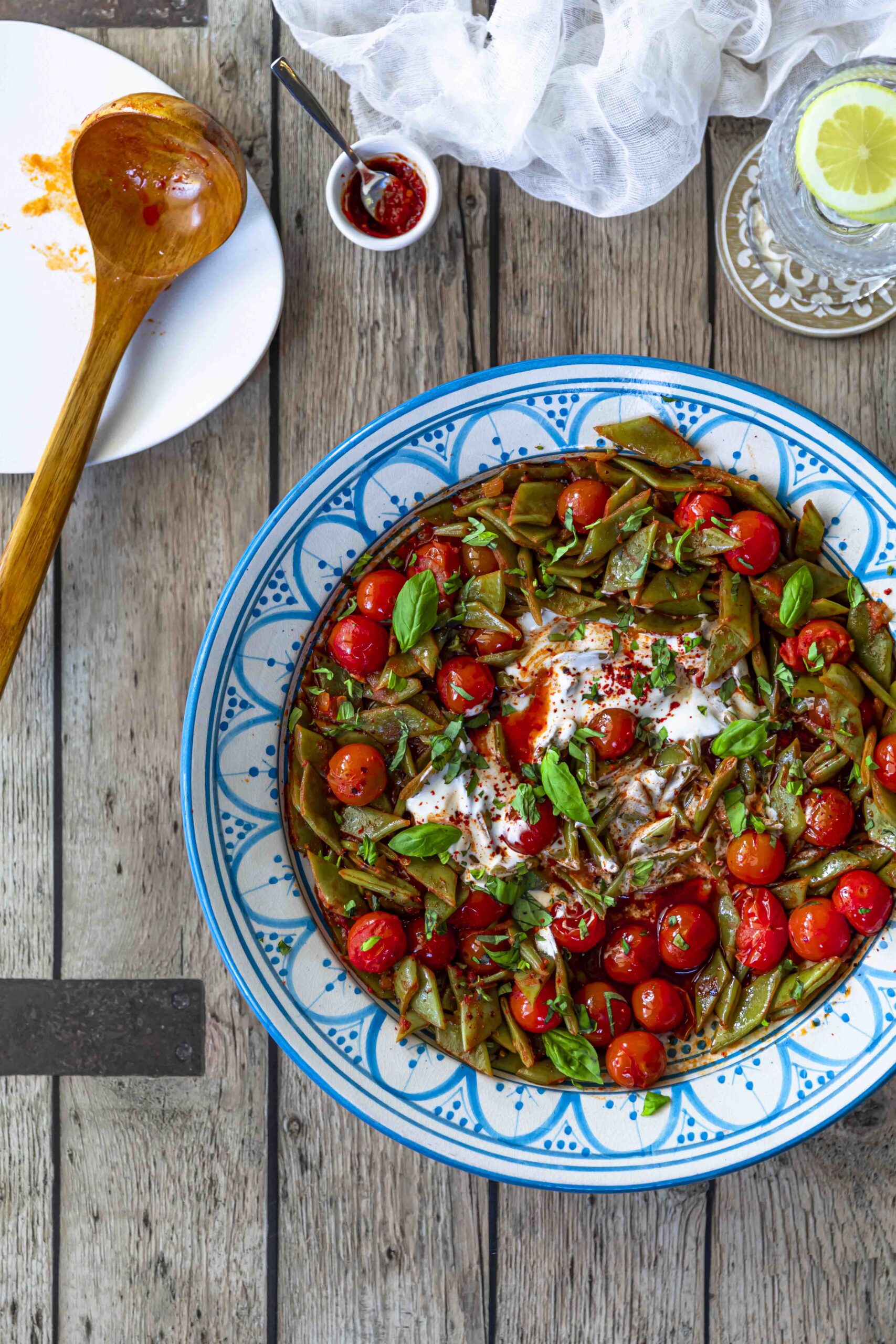 Runner beans with tomato and chili yogurt