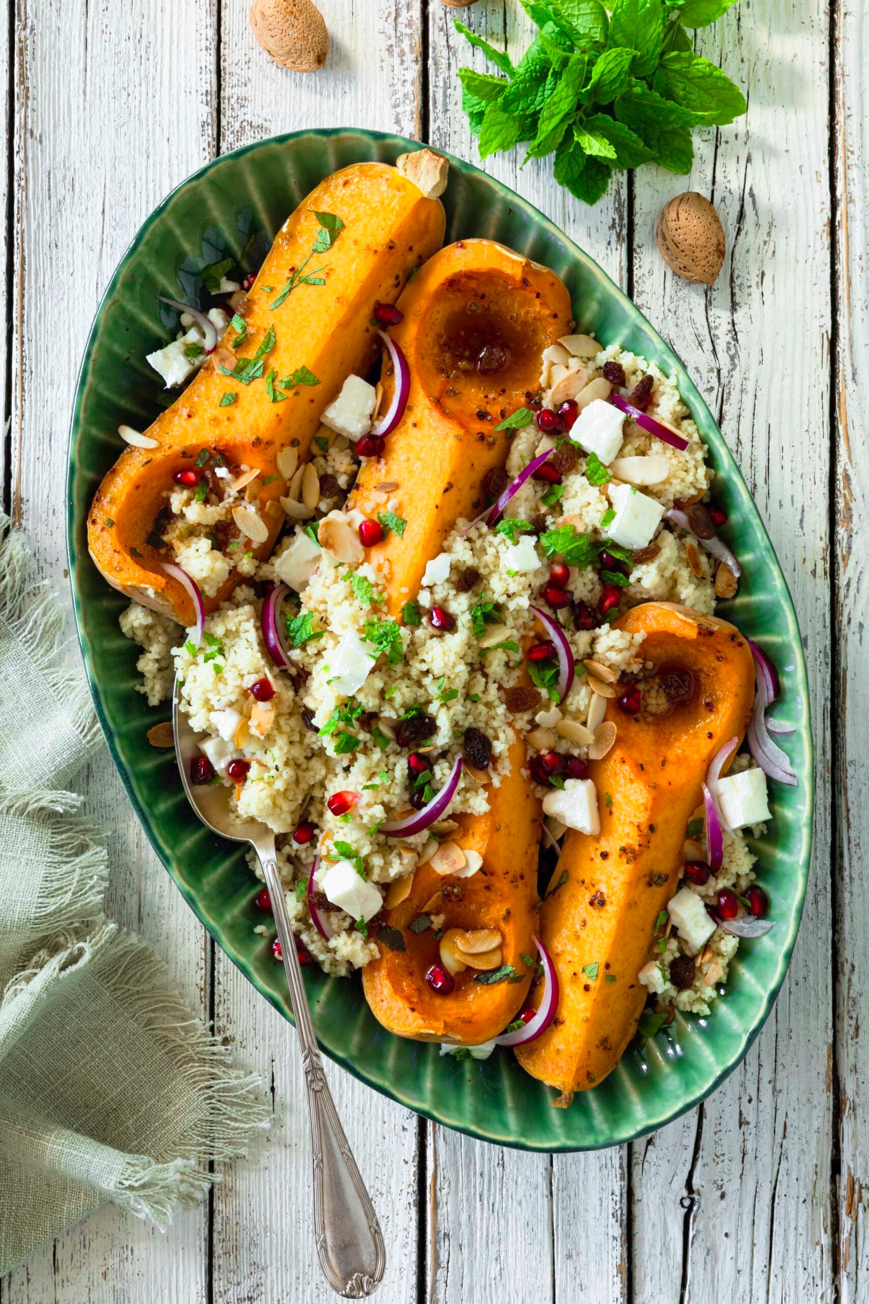 Oven-roasted pumpkin with coucous and feta