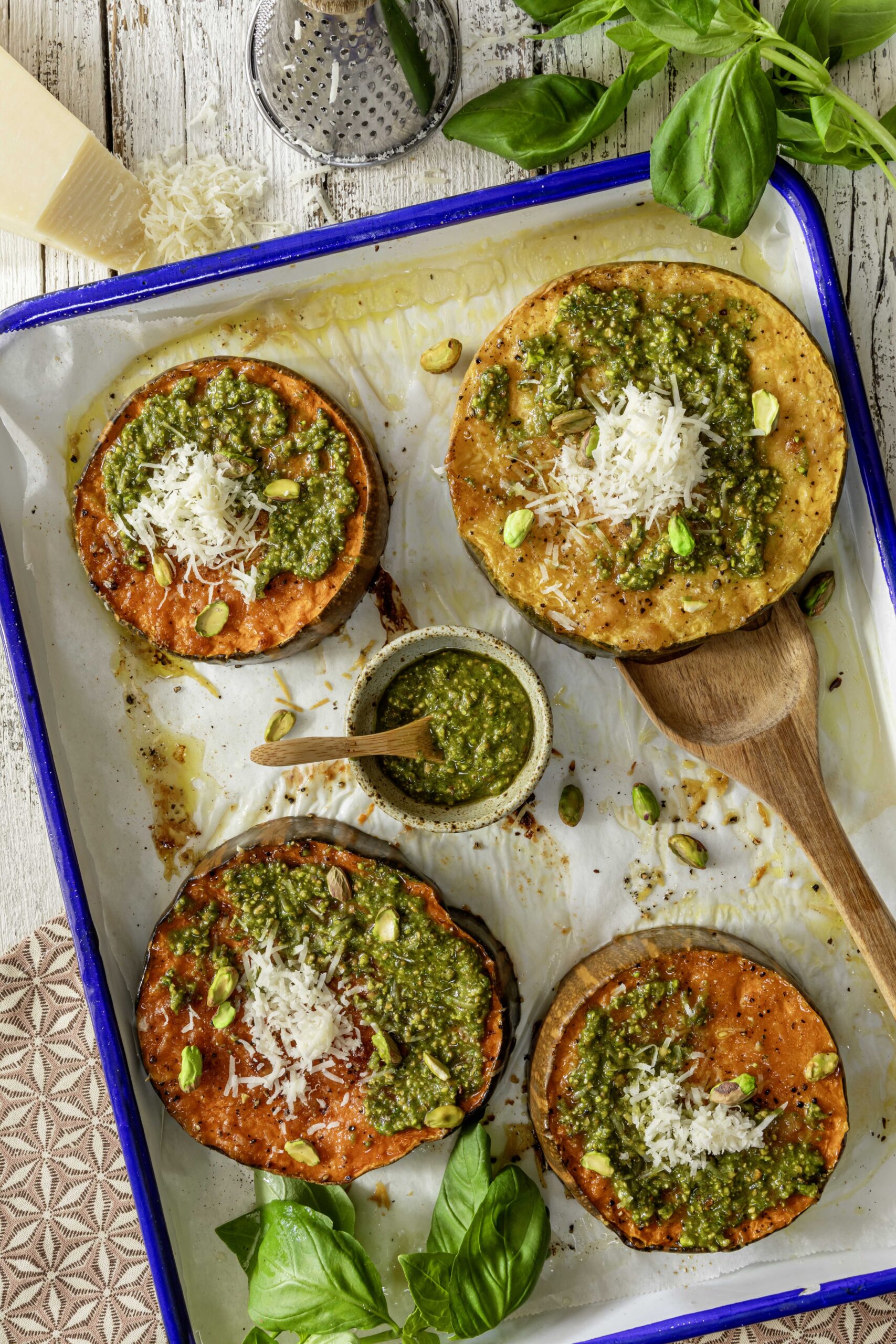 Squash with pistachio pesto and parmesan