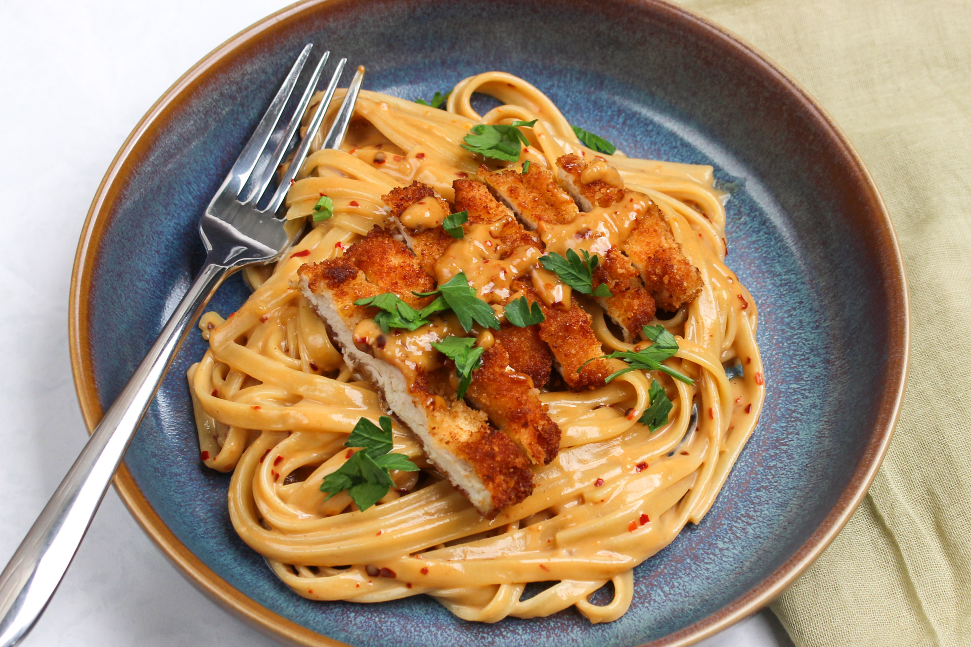 Spicy Cashew Pasta With Crispy Chicken