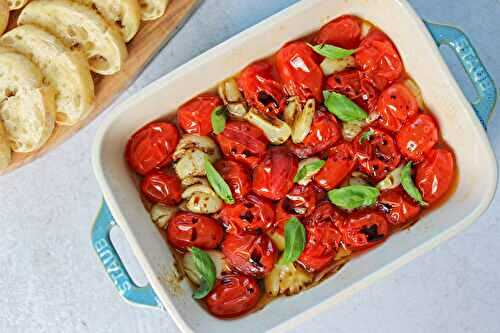 Roasted Tomato and Garlic Bruschetta with Balsamic