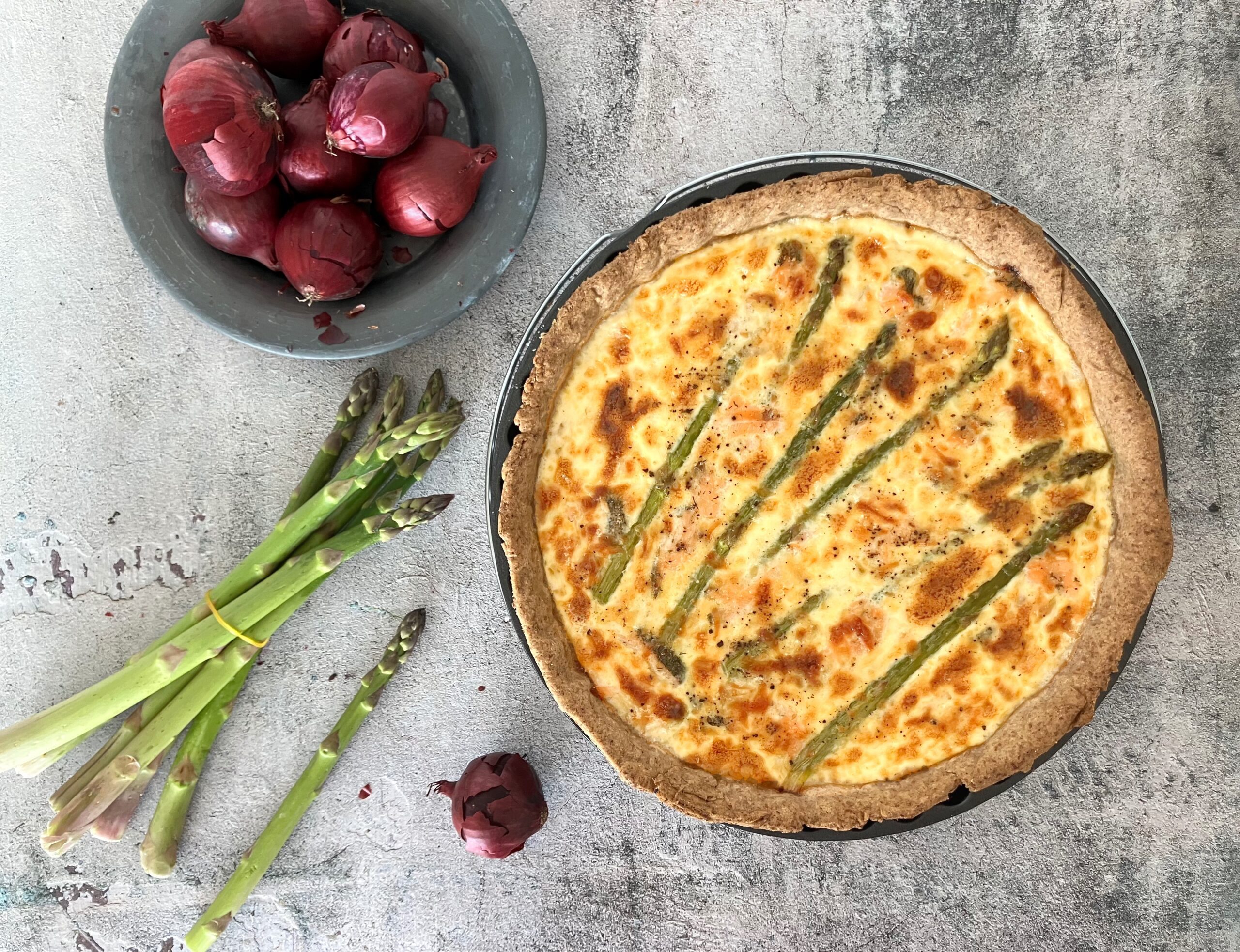 Salmon and Asparagus Quiche with a Spelt Crust