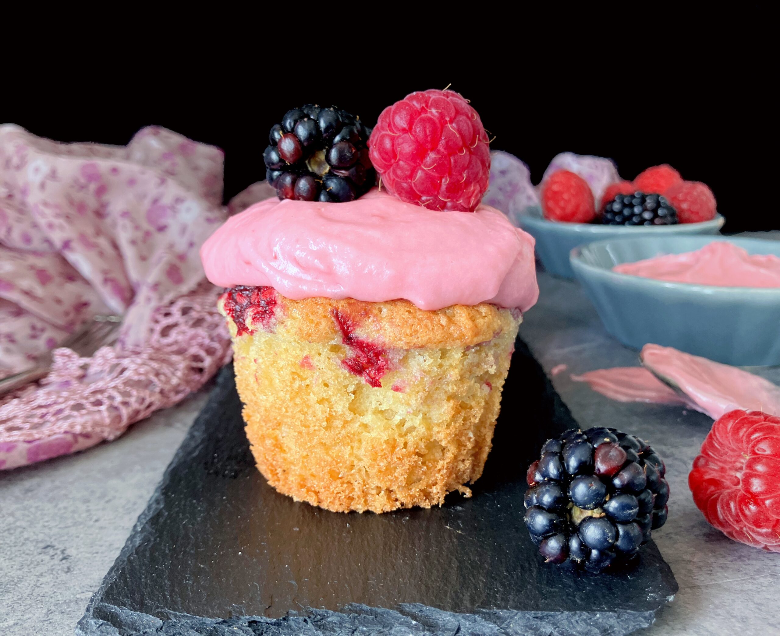 Raspberry and Blackberry Spelt Cupcakes (with Berry Cream Cheese Frosting)