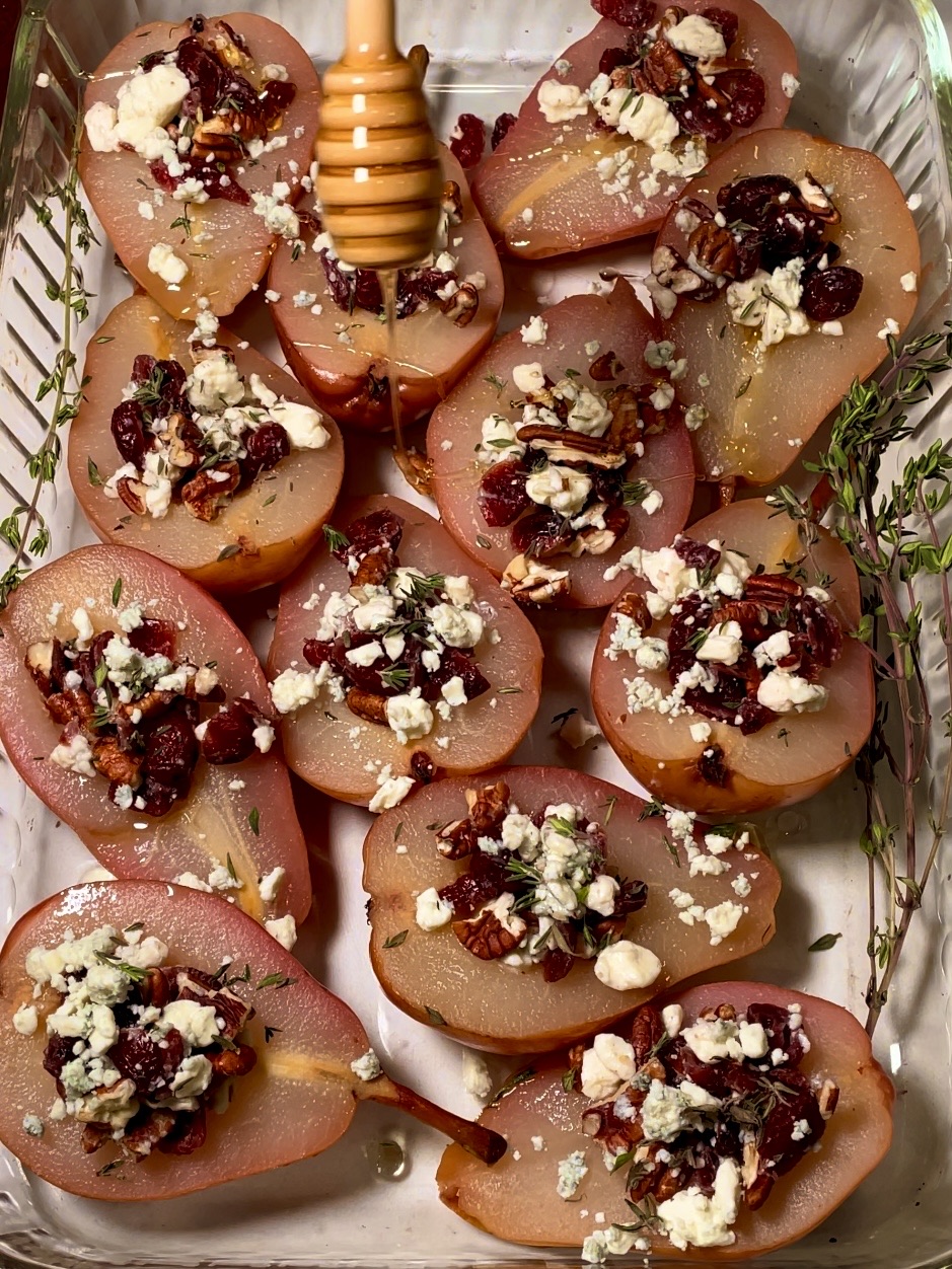 Poached Pears Stuffed with Toasted Pecans, Blue Cheese and Cranberries