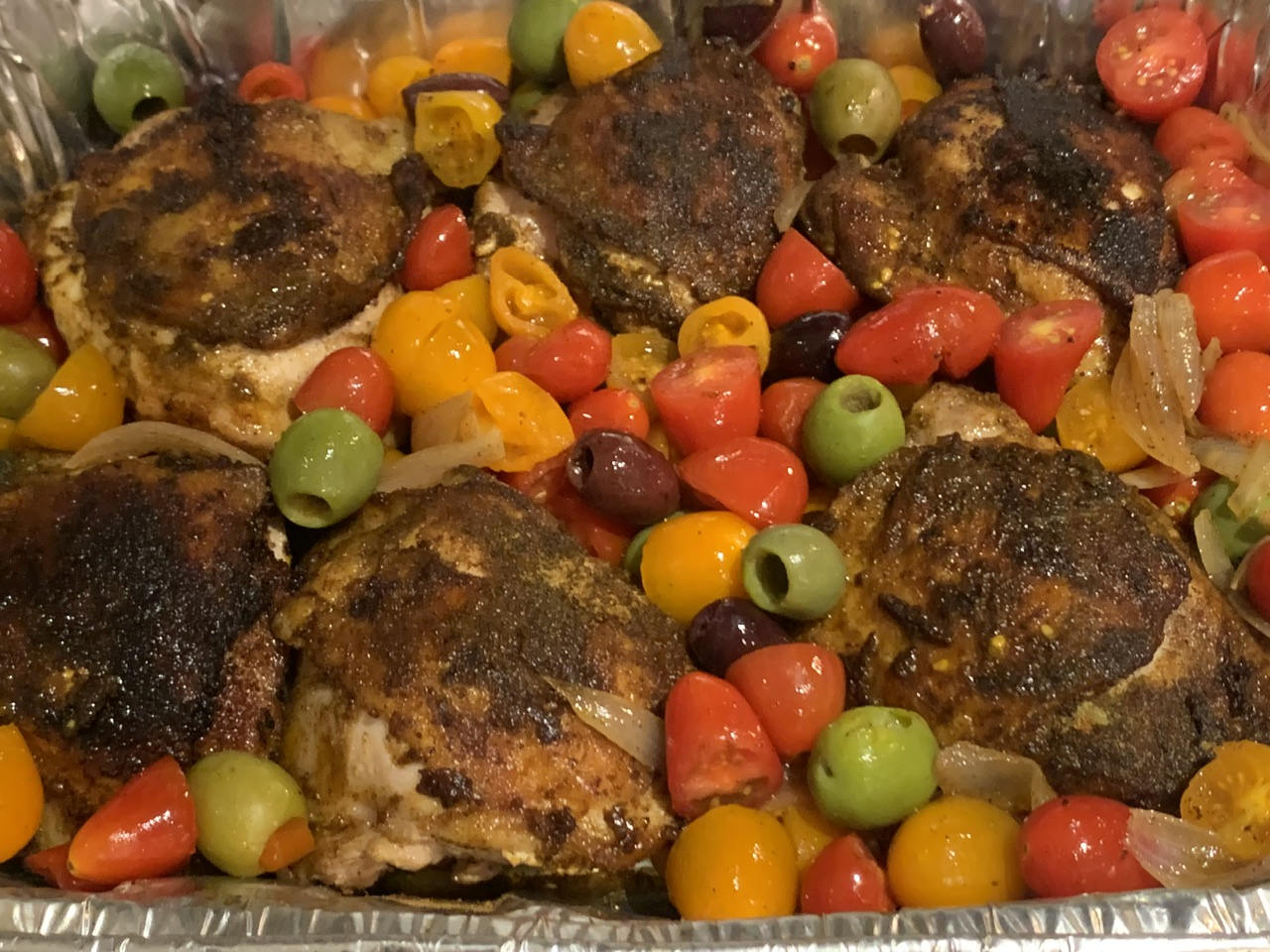 Tomato Olive Chicken Thighs with Mediterranean Spice Medley