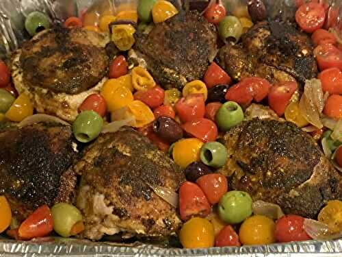 Tomato Olive Chicken Thighs with Mediterranean Spice Medley