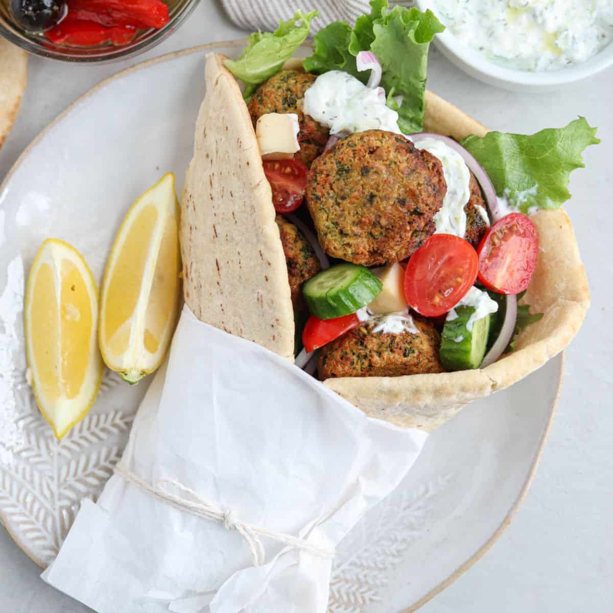 Falafel Pita Sandwich (with Homemade Tzatziki Sauce)